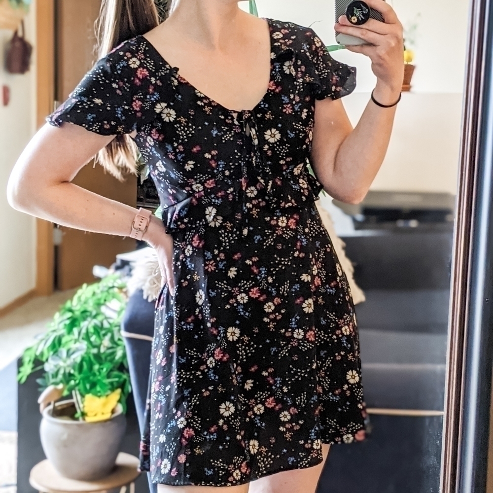 Xhilaration Floral Black Ruffled A-Line Mini Dress